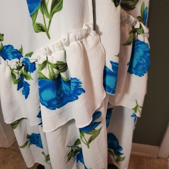 Love Story White Long Duster Cardigan Women W/ Blue Roses Ruffle Layered Hem - Picture 7 of 10